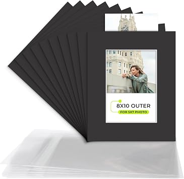 Golden State Art, 10 Pack 8X10 Slip-in Photo Mats Kits for 5x7 Photos, Pre-Pasted Backing Boards, Acid-Free, 8-Ply Thick Cardboard Frames, with Clear Storage Bags Matte Black