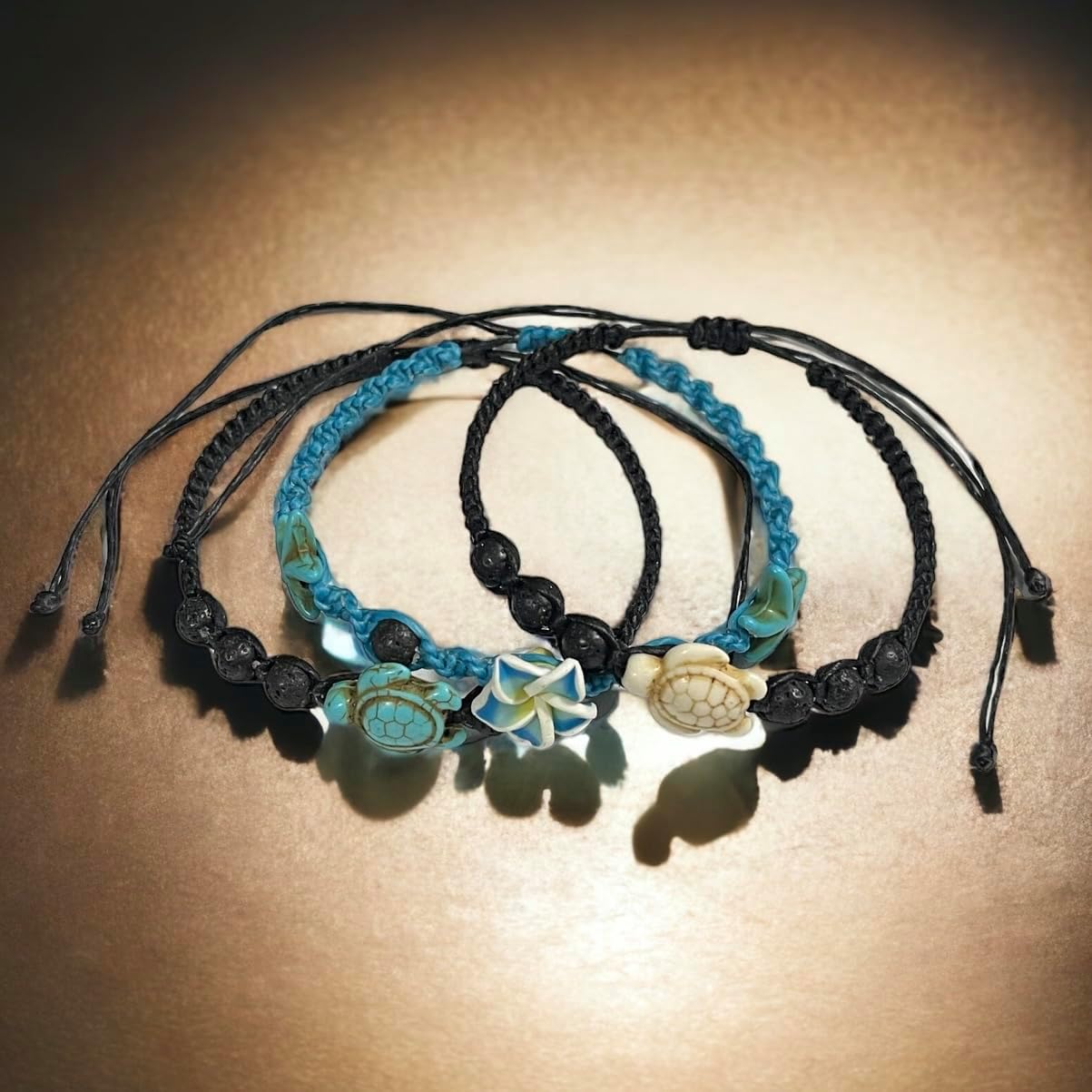 3 Pcs/Set Bracelet or Anklet Sea Turtle in Turquoise - Lava Rock Stone Beads Turtle Hemp - Adjustable Cord - Image 5