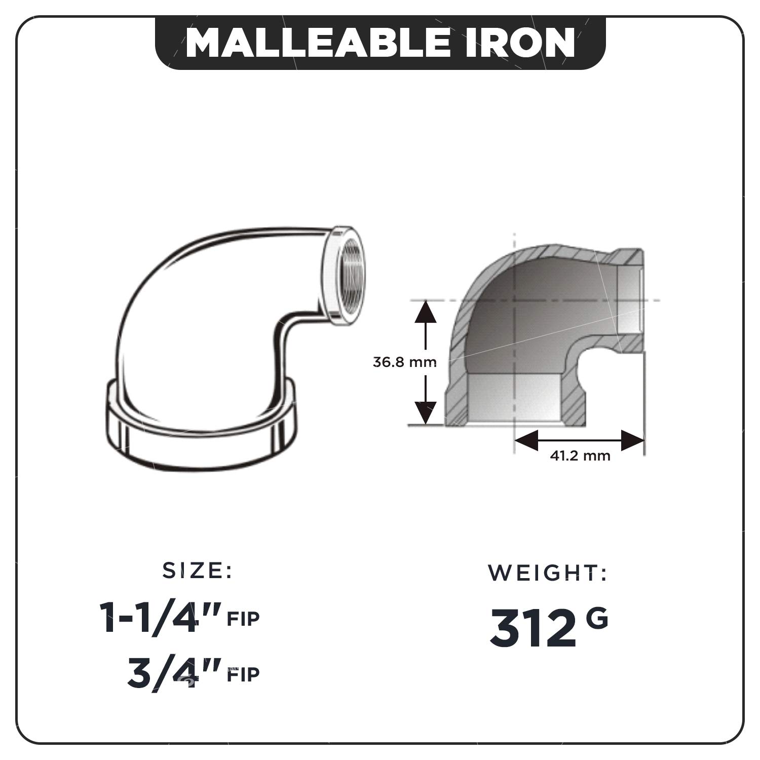 Supply Giant BMRL1141-10, codo reductor de 90 grados de 1-1/4 x 3/4 pulgadas, accesorio de tubería roscada de hierro maleable, negro (paquete de 10)