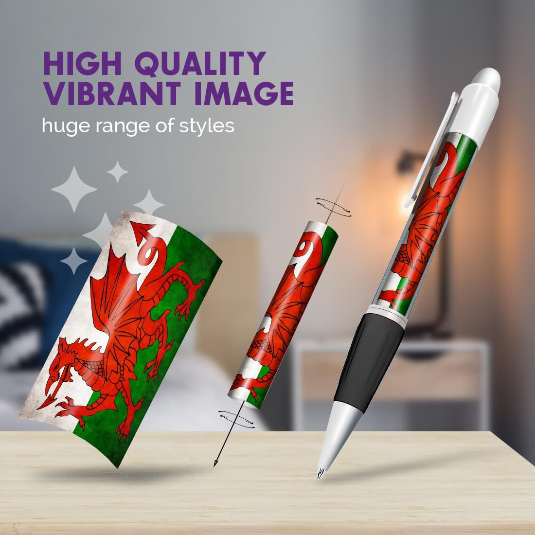 Set of 2 White Ballpoint Pens (Photo Insert) - Distressed Wales Welsh Dragon Flag - Soft Feel Finger Grip #56016 - Image 2