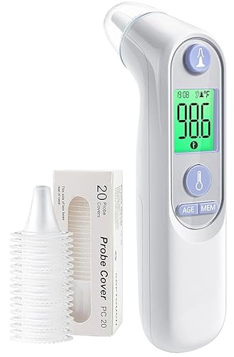 Termómetro digital de oído para niños, adultos y bebés, termómetro infrarrojo con alarma de fiebre codificada por colores, 30 lecturas de memoria y