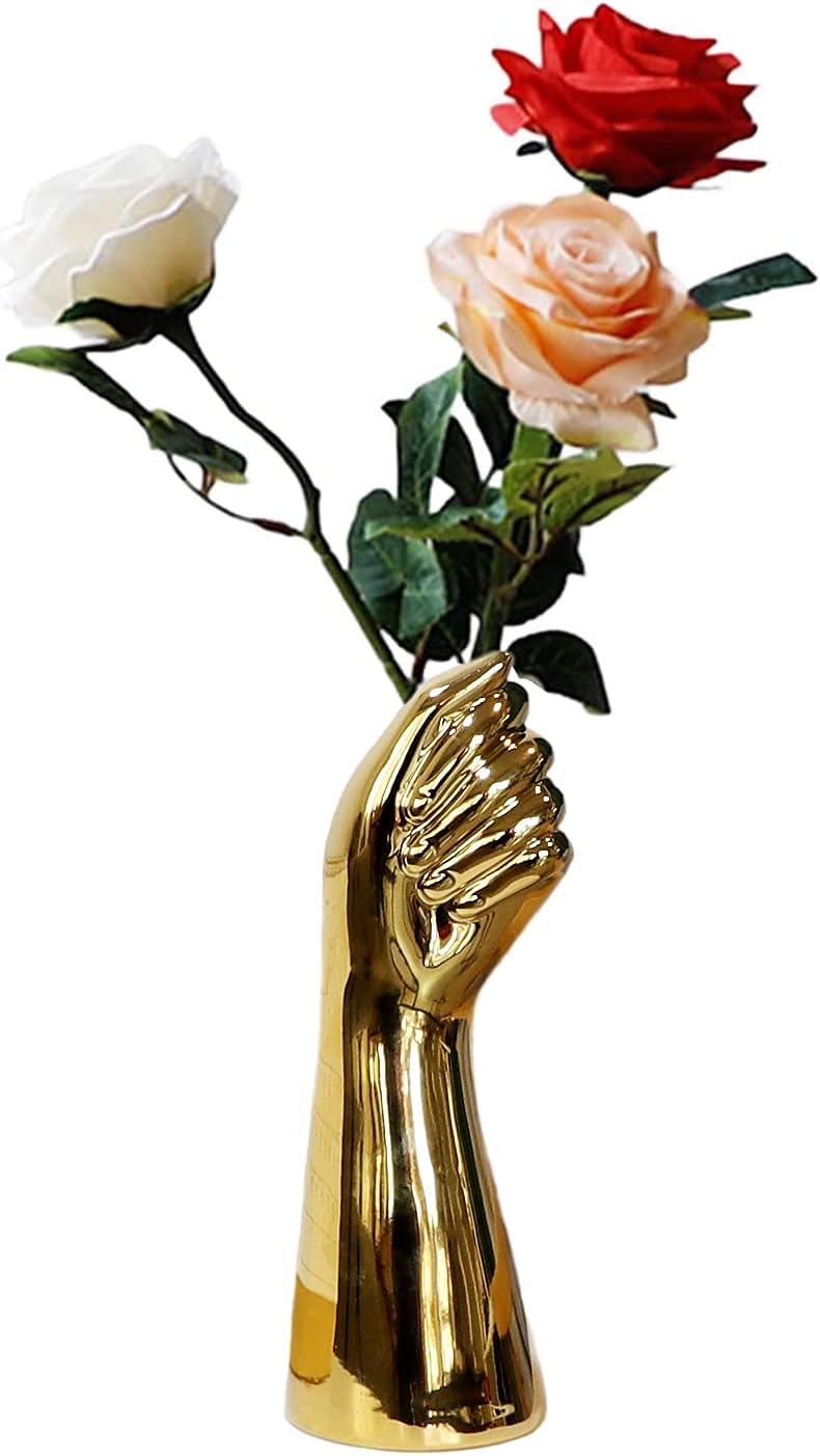 Arm Ceramic Vase Human Body Art Personality Hydroponics Vase Decorative Arts and Crafts for Living Room, Bedroom and Office (Golden)