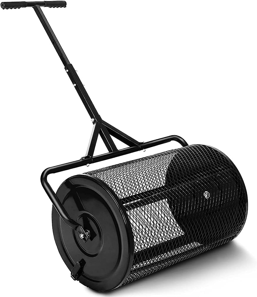 24” Compost Spreader Peat Moss Spreader, Lightweight Metal Mesh Manure Spreader with Adjustable T Shaped Handle for Planting & Seeding, Fertilizer Spreaders for Lawns & Garden