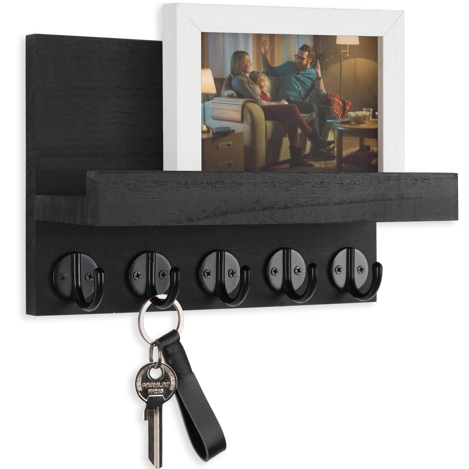 Key Holder Wall Mount - 9.8" x 6.7" x 4.2" Entryway Organizer with 5 Metal Hooks Holds Wallet, Sunglasses, Bags, Dog Leash - Real Paulownia Wood Decorative Key Hanger with Shelf (Black)