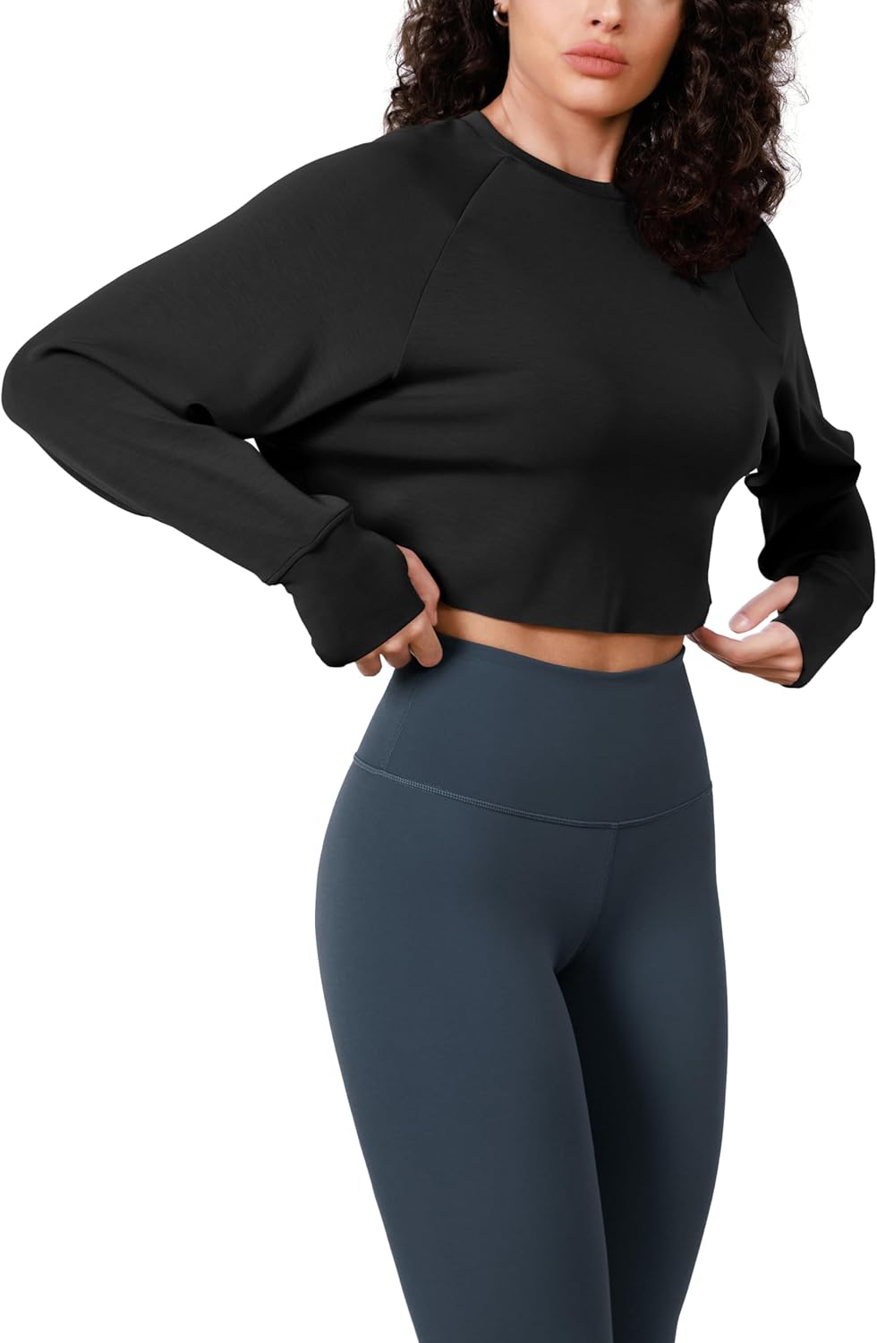 ODODOS Modal Soft Long Sleeve Cropped Sweatshirts with Thumb Hole for Women Crew Neck Pullover Crop Top