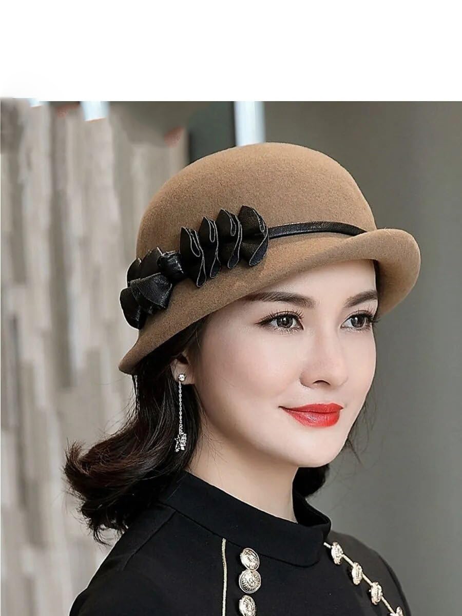 Zimowy wełniany damski elegancki asymetryczny rondo filcowy kapelusz typu cloche (khaki95558cm M)