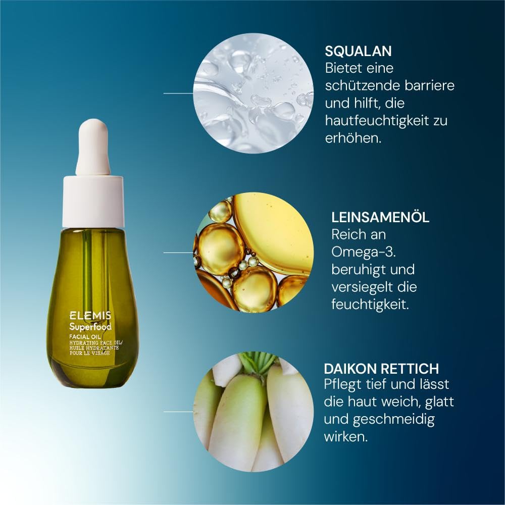 ELEMIS Pro-Collagen & Superfood Facial Oils, klinisch bewiesen – leichtes veganes Gesichtsöl, spendet Feuchtigkeit, polstert auf und glättet, für strahlende Haut