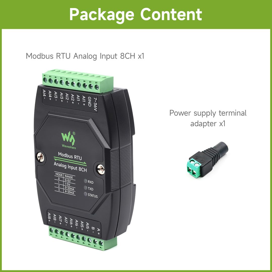 Waveshare Industrial 8-Ch Analog Acquisition Module, 12-bit High-Precision, Supports Voltage and Current Acquisition, DC 7~36V Wide Voltage Power Supply, 8-ch Current Mode, 0~20mA
