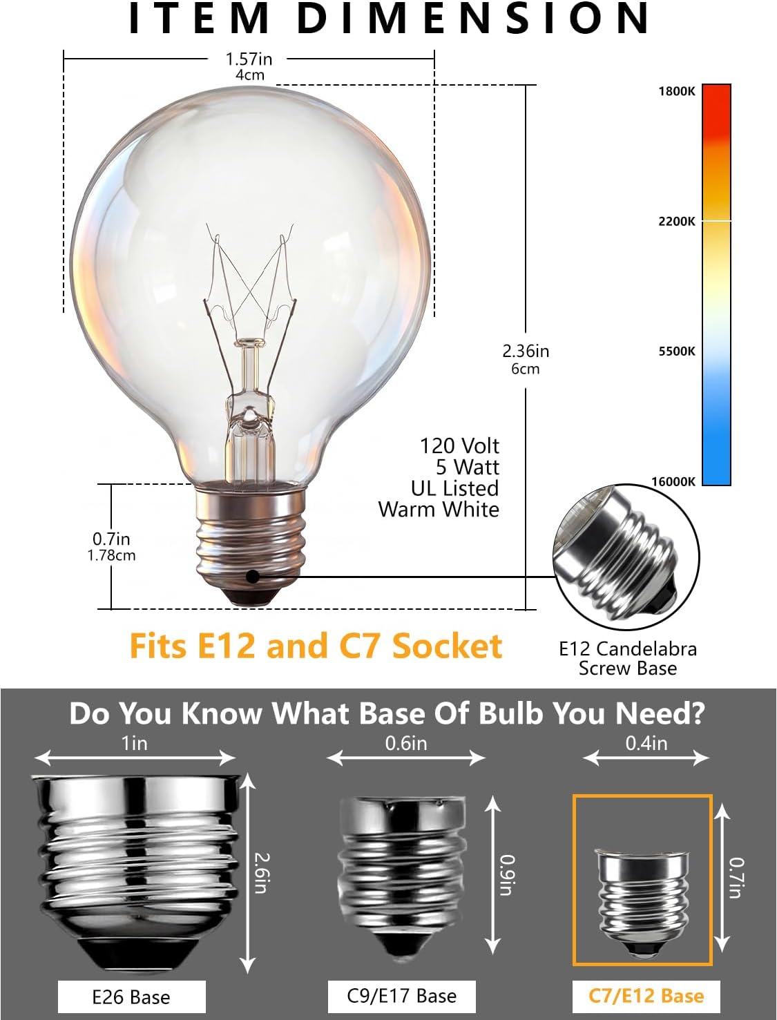 25 Pack G40 Light Bulbs Replacement,1.5 Inch 5 Watt Clear Globe Light Bulbs with E12/C7 Candelabra Base for Outdoor String Lights, Indoor Patio Garden Decor