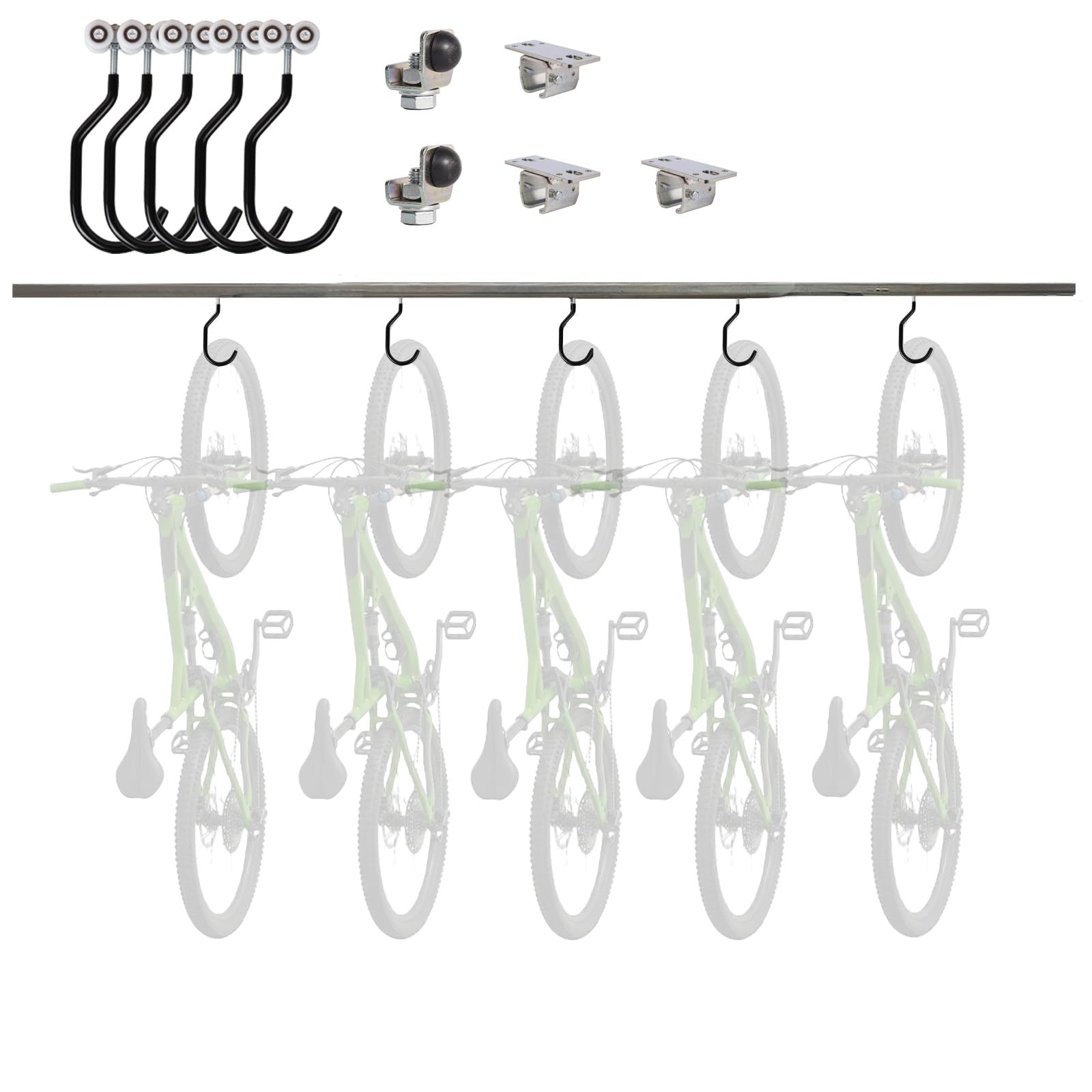 ATTAS Fahrradaufhängung Deckenhalterung 2 Meter Schiene | 5 Laufwagen mit Fahrradhaken | Verzinkter Stahl | Fahrradhalterung für 5 Fahrräder | Fahrradhalterung mit 5 Haken und Deckenhalterung
