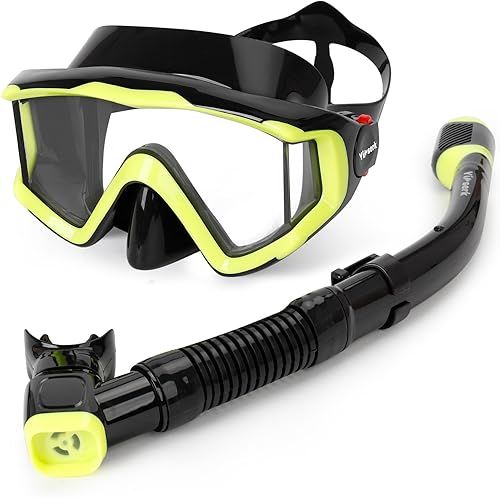 Snorkeling Gear for Adults, Anti-Fog 180°Panoramic Snorkel Mask Set with Dry Top Snorkel Tube, Soft Silicone Scuba Gear, Adult Snorkel Set with Mesh Bag for Swimming Diving Travel