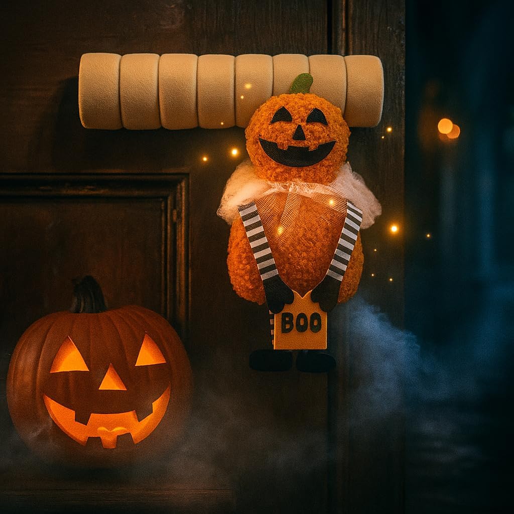 2Pcs Door Handle Covers with Ghost & Pumpkin Plush,Insulated Burns and Chills and Anti-Static Handle Covers for Cushioned Safety Protector for Kids,Holiday Home Safty and Decor (Pumpkin)