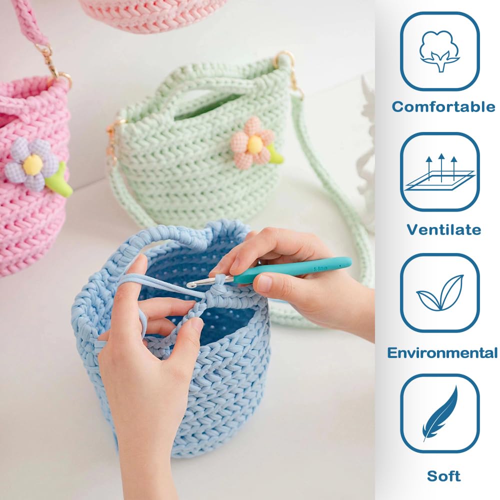 4 PCS 800g T-Shirt Yarn Elastic Fabric Crochet Cloth for DIY Knitting, Spaghetti Thick Yarn for Hand DIY Bag Basket Cushion Crocheting Projects, Home Decor (White+Pink+Blue+Grey)