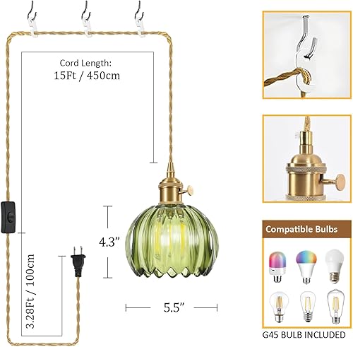Miniatura 6 de Mini lámpara colgante de flores enchufable, lámpara colgante de cristal verde de 15 pies, luces colgantes de isla de cocina, comedor, dormitorio,