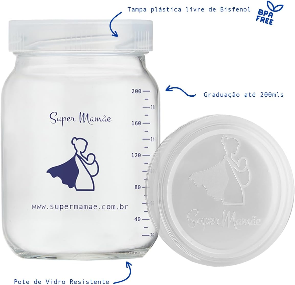 Potes de vidro para leite materno 200ml com 10 unidades Super Mamãe