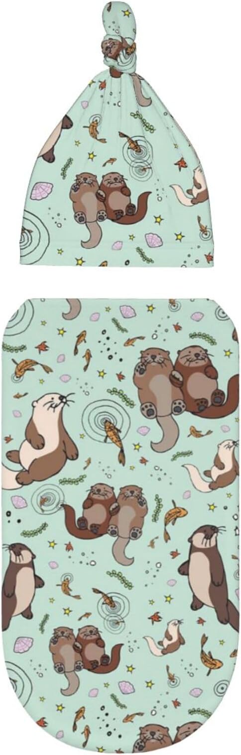 Cute Sea Otters Newborn Swaddle Blankets Beanie Hat Sets, Soft Otter Baby Stuff Blanket Swaddle Sack for Baby Shower Infant Boy and Girl Gift