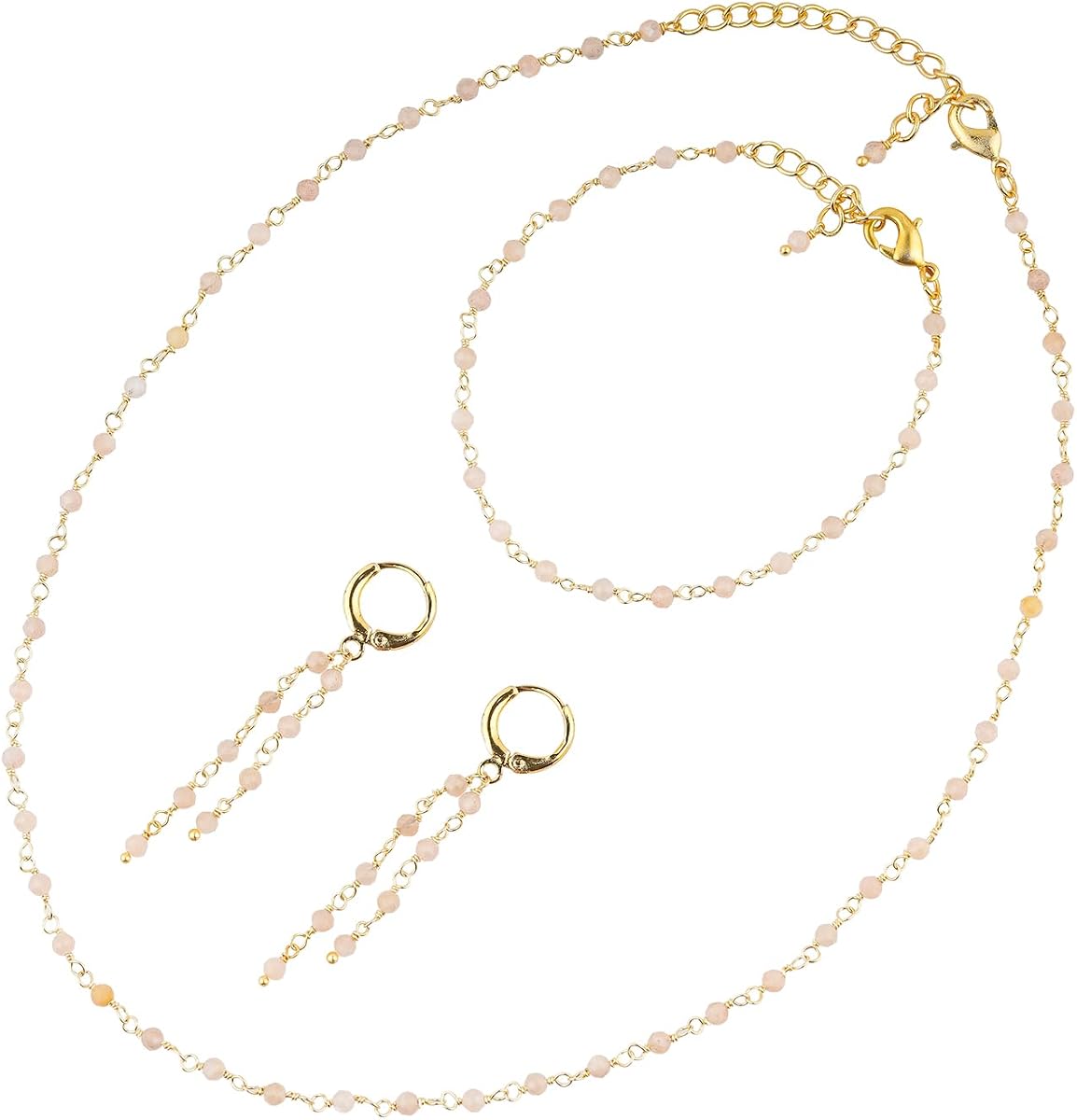 (3pcs) Natural Gemstone Cluster Jewelry Combo Set, 14K Gold Plated, Crystals Beads Rosary Chain, Handmade Bohemian Jewelry - Bracelets, Necklace, Earrings for Women