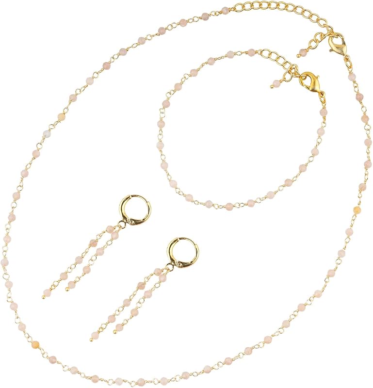 (3pcs) Natural Gemstone Cluster Jewelry Combo Set, 14K Gold Plated, Crystals Beads Rosary Chain, Handmade Bohemian Jewelry - Bracelets, Necklace, Earrings for Women