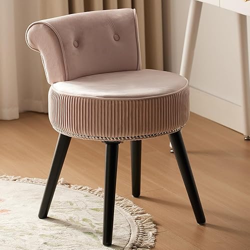 Silla de tocador de terciopelo rosa con respaldo, taburete pequeño de maquillaje, silla de acento capitoné sin ruedas, taburete de tocador con