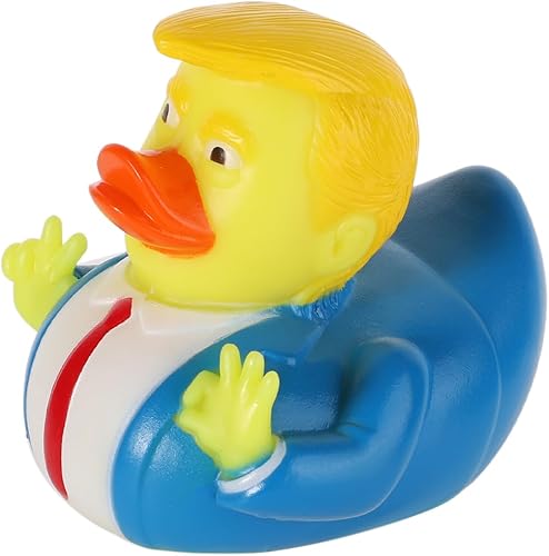Duck Trump, juguete de baño de goma Trump Ducky para apretar, caricatura, pato chirriante, divertido pato de celebridad, pelo amarillo, traje azul,