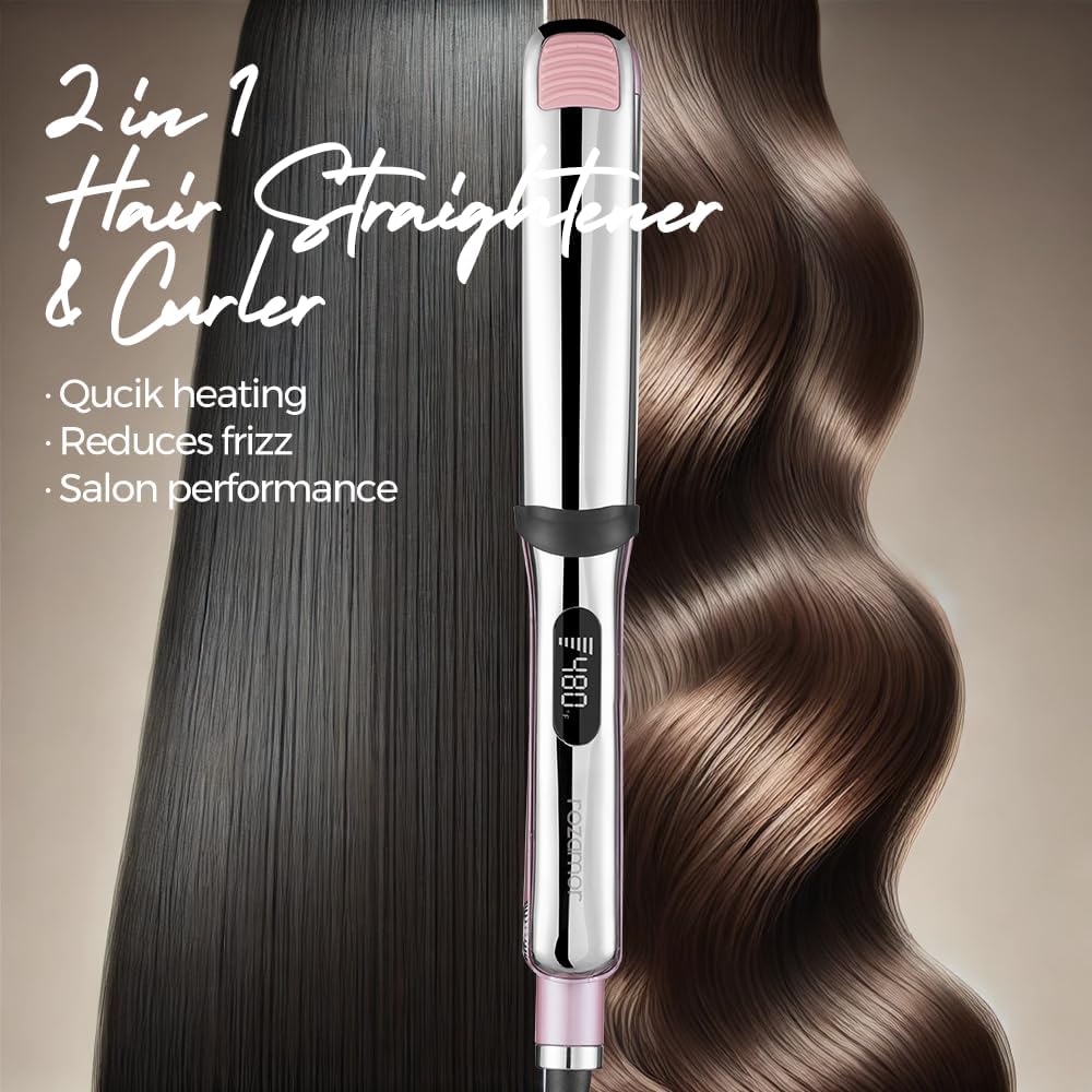 Professional Titanium Flat Iron with 1 1/4 Inch Floating Plates, Hair Straightener and Curler 2 in 1 with 10 Adjustable Temp Up to 480 ℉, Negative Ion & Dual Voltage Fast Heating Hair Tools - Image 5