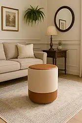 Puff Plus Banquinho Redondo Decorativo em Linho Base e Tampo Courino Bege/Caramelo - PC MÓVEIS