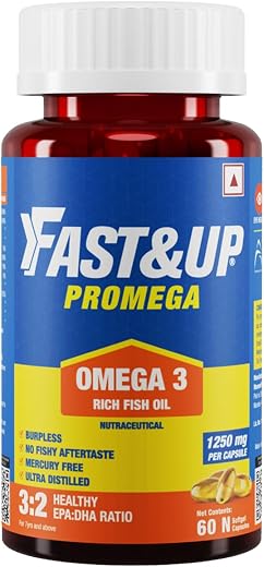 Fast&Up Promega with Double Strength 1250 mg Omega-3 Rich Fish Oil 60 Capsules | High 375 mg EPA & 250 mg DHA Ratio (3:2) ...