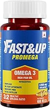 Fast&Up Promega with Double Strength 1250 mg Omega-3 Rich Fish Oil (60 Capsules) | High 375 mg EPA & 250 mg DHA ratio (3:2) For Heart, Eyes, Joints & Brain Health | No Fishy Aftertaste, Smell or Burps