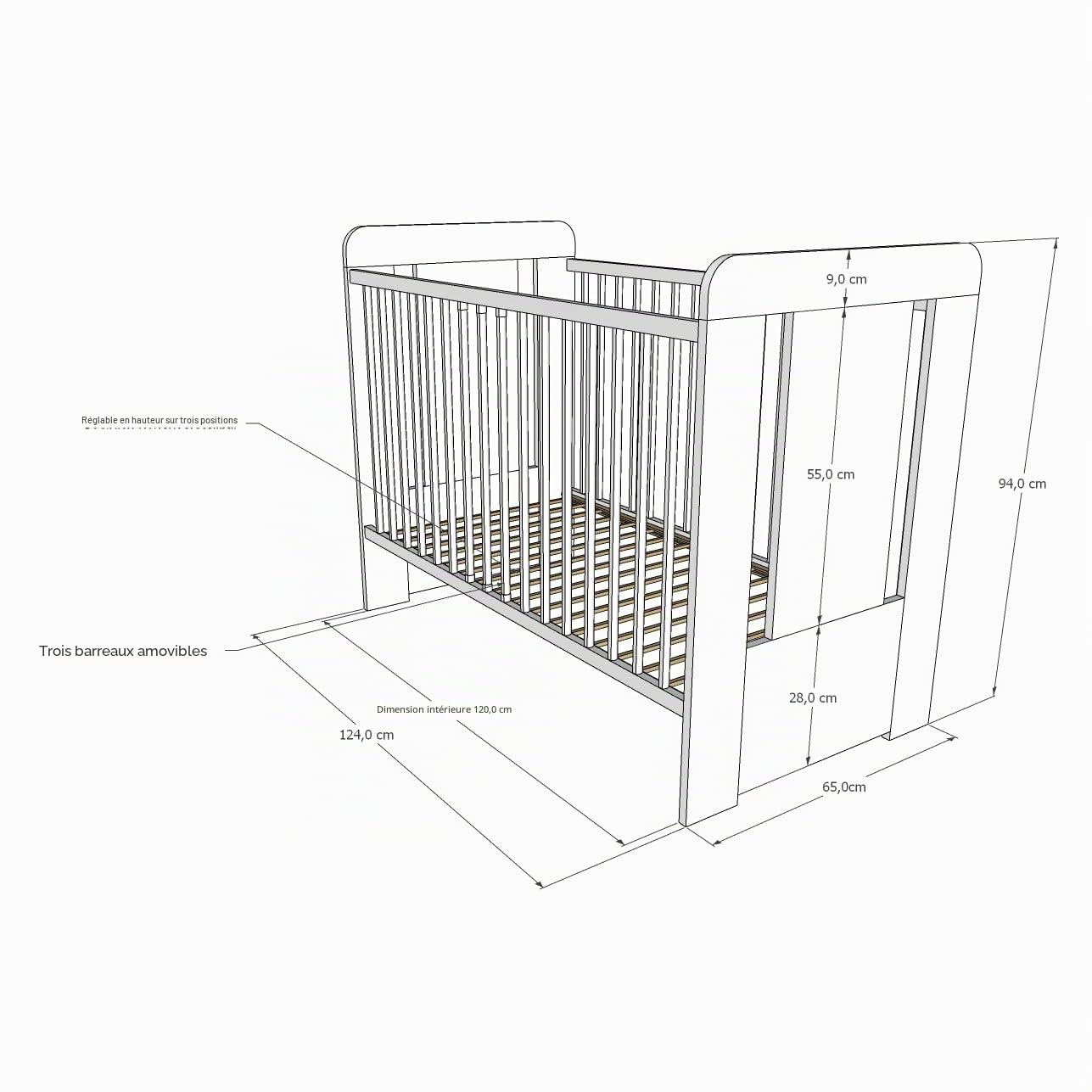 Kids Collective Lit bébé à barreaux avec Motif Ourson - Réglable en Hauteur - 60 x 120 cm - avec barreaux Amovibles - Blanc - Fabriqué en Europe