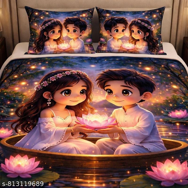 Image of DECOR WELL 7d Bedsheet for Double Bed King Size with 2 Pillow Covers, Polycotton 220 TC Super Soft & Breathable, Wrinkle Free Pink Lotus Couple Printed Double Bed Bedsheet Set (90x100 Inch)