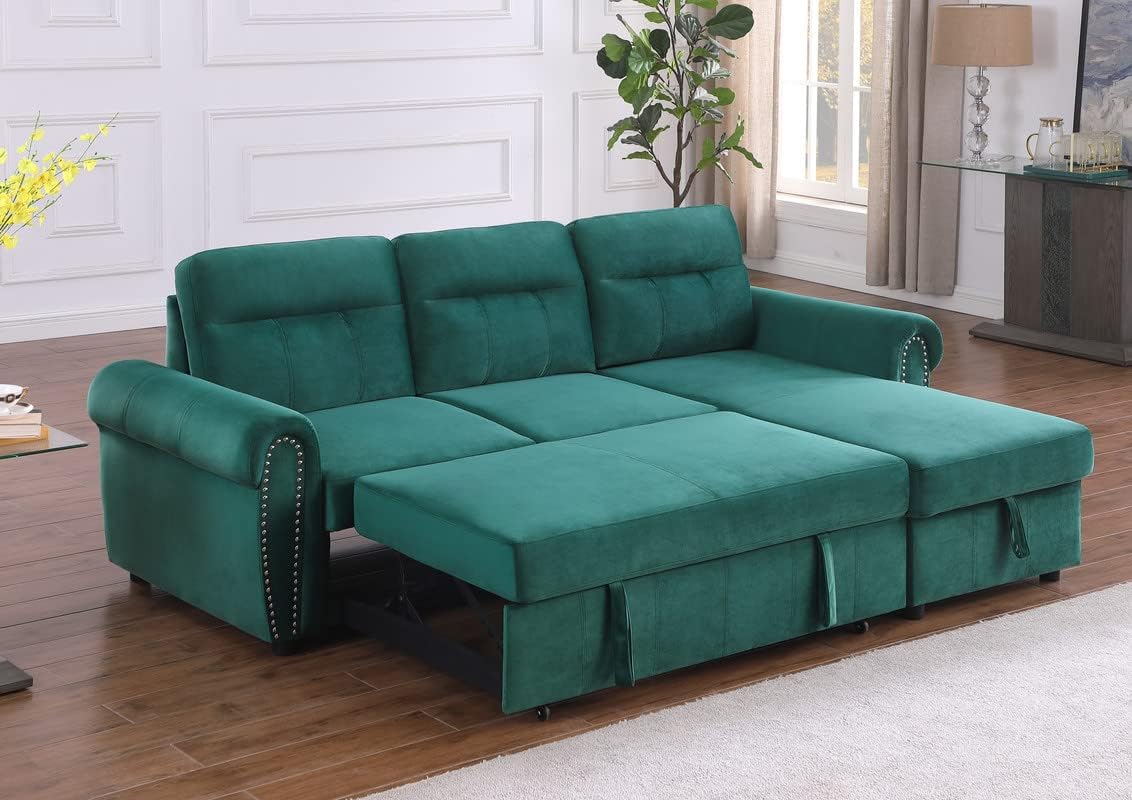 L-shaped Corner Pull Out Sleeper Sectional Couch Bed Velvet Upholstery Sofa with Reversible Storage Chaise and Nailhead Decor for Home Apartment Office Living Room Furniture Sets, Green Sofa & Couch
