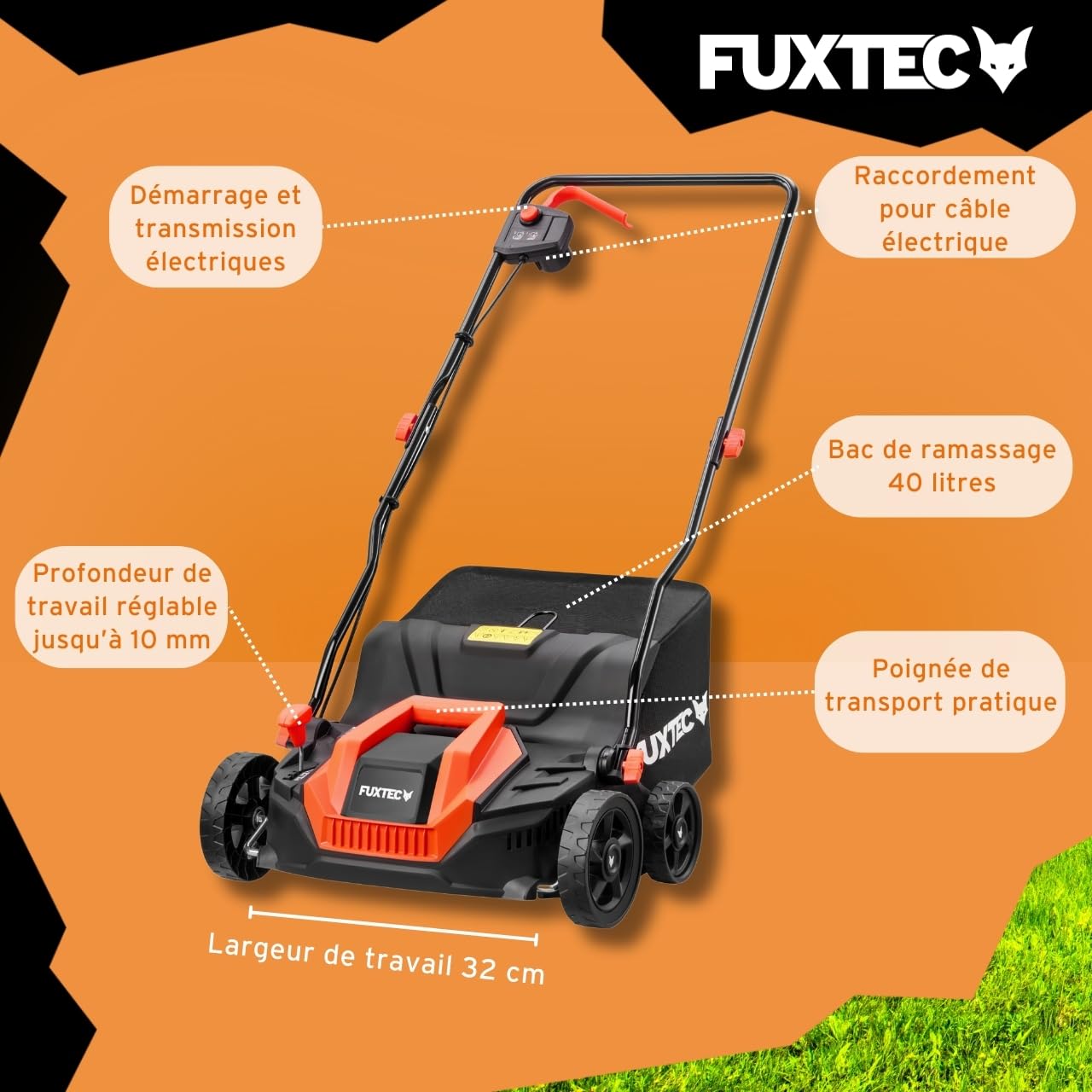 Scarificateur électrique FUXTEC, aérateur de gazon avec 1300 watts de puissance, largeur de travail 32 cm et réglages de profondeur de -12 à +10 mm, bac de ramassage 40 L