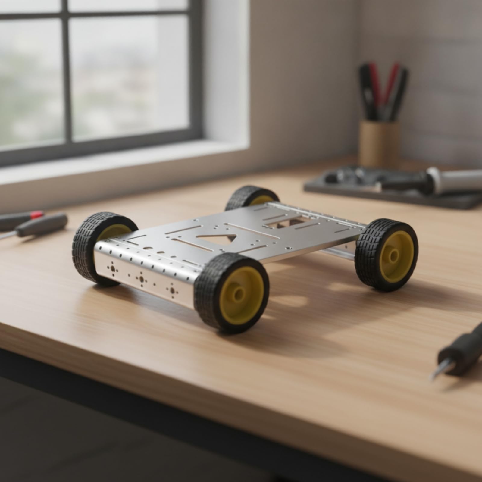 Amagogo Robótica 4WD Chasis de Coche Robot Base Móvil Bastidor de Aluminio Rectangular con Agujeros Compatible con Placas Sensores y Servos Ruedas de Goma, Plata