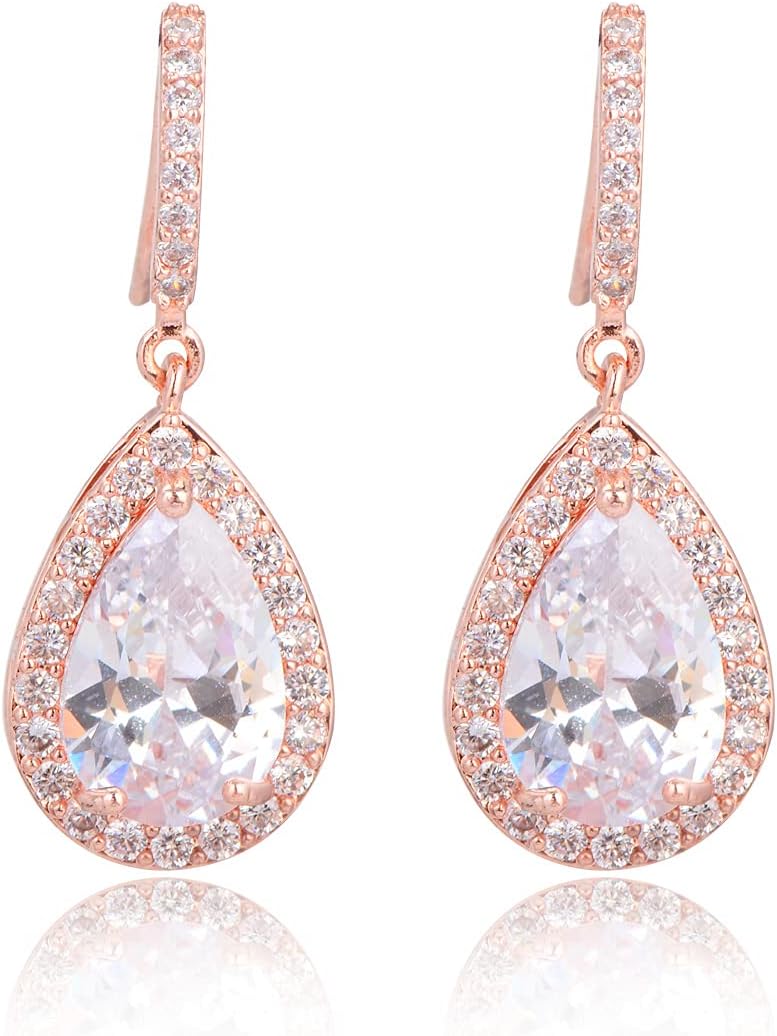 CZ Teardrop Earrings for Wedding - Sterling Silver Cubic Zirconia Crystal Rhinestone Drop Earrings Womens Bridal Jewelry for Bride Bridesmaids Mother of Bride Gift Party Prom Pageant Earring for Girls