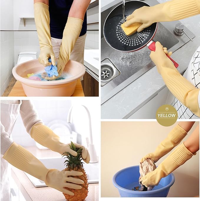 Miniatura 5 de 3 pares de guantes de lavado de platos, guantes de limpieza reutilizables de 15 pulgadas para tareas de cocina, baño y hogar, goma gruesa y flexible