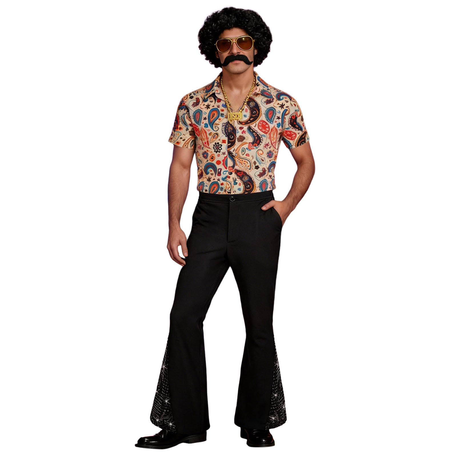 80Er Jahre Outfit Herren Retro Kostüm 6 Stück Disco Set, Hippie 70Er Silvester Hemd Und Schlaghose Mit Perücke Sonnenbrille Schnurrbart