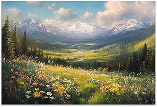 Yesad Wildflower Field Landscape Canvas Wall Art, Alpine Mountain Painting Wildflowers Pictures Poster Flower Prints Vintage Nature Wall Décor for Living Room, Bedroom (Unframed,24”x16”,Wildflower4)