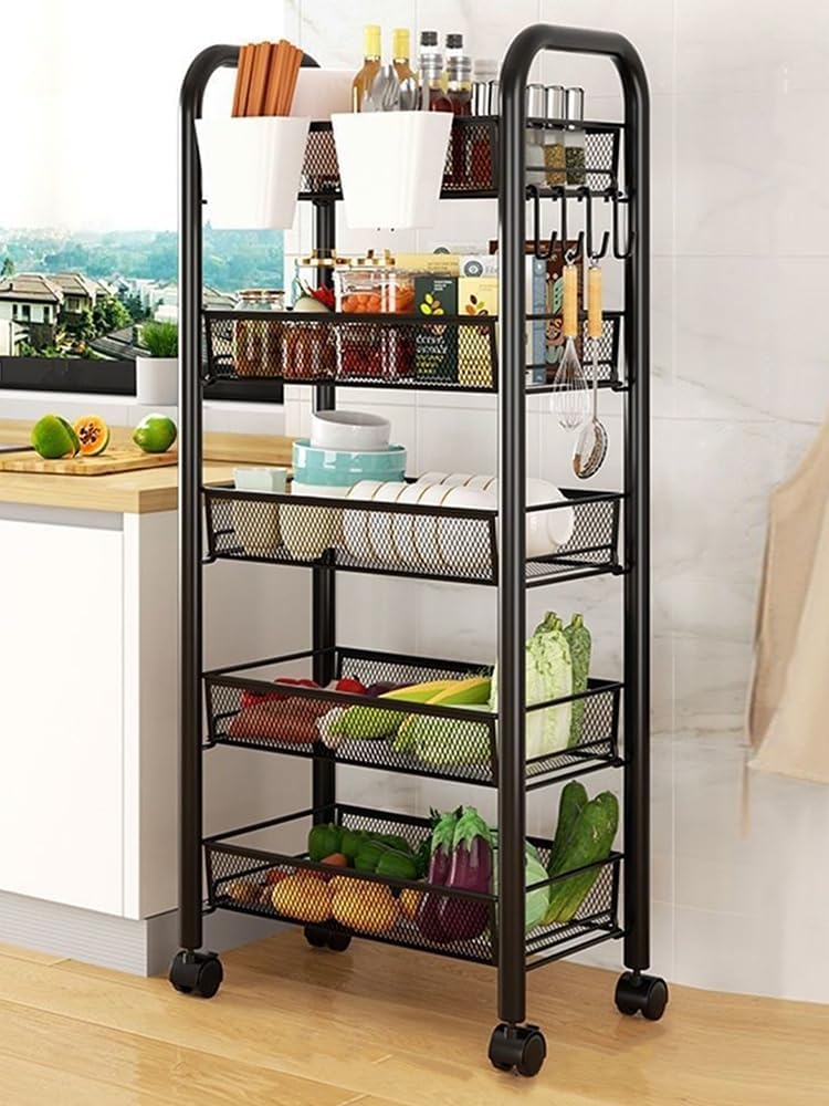 5-Tier Rolling Storage Cart, 360° Movable Stackable Organizer with Mesh Baskets, for Kitchen Fruits Vegetables, Bedroom, Office, Heavy-Duty Carbon Steel Frame Black 5-Layers