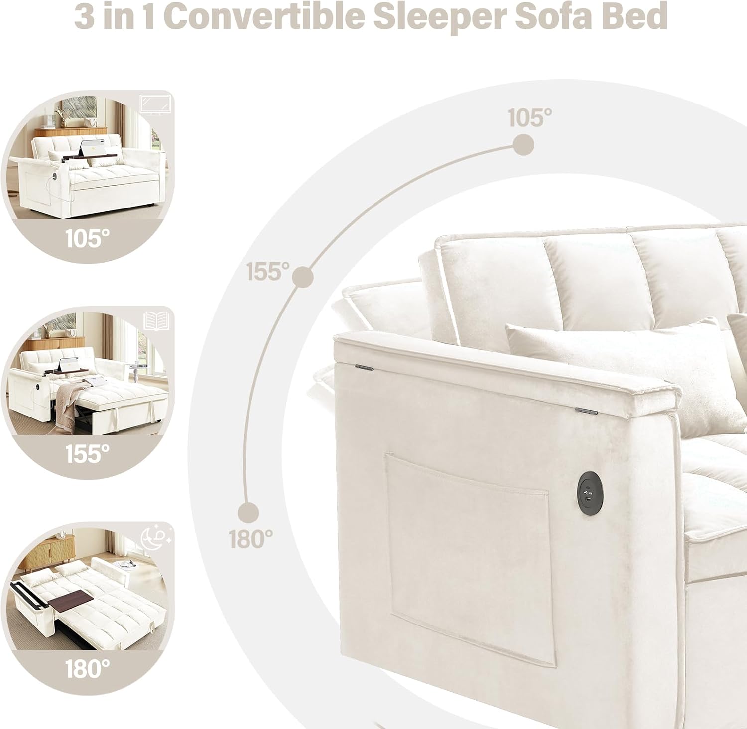 3 in 1 Sleeper Sofa Bed,Convertible Pull-Out Couch Bed,Futon Couches for Living Room with Side Pocket and Adjustable Backrest | USB Ports丨Sida Table丨Velvet Fabric | Small Loveseat Couch,Beige