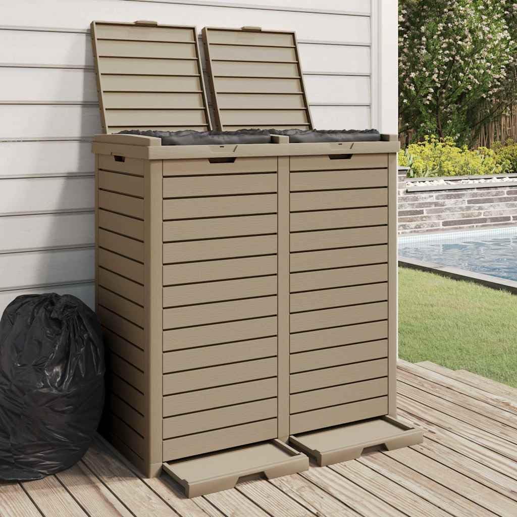 Outdoor Trash Can with Dual Compartments, 60.8 Gallon Weather-Resistant Garbage Bin, Imitation Wood Texture for Patio, Garden, Deck and Backyard, Light Brown