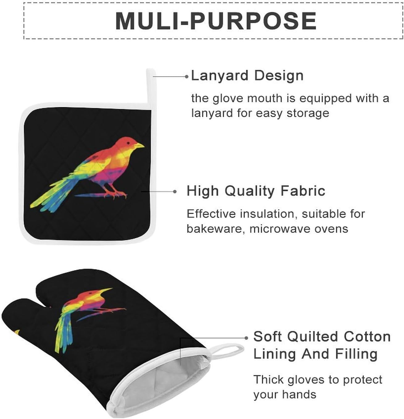 Tie Dye Magpie Rainbow Print Bird 4 Pcs Oven Mitts and Pot Holders Set High Heat Resistant Long Kitchen Oven Glove Potholders