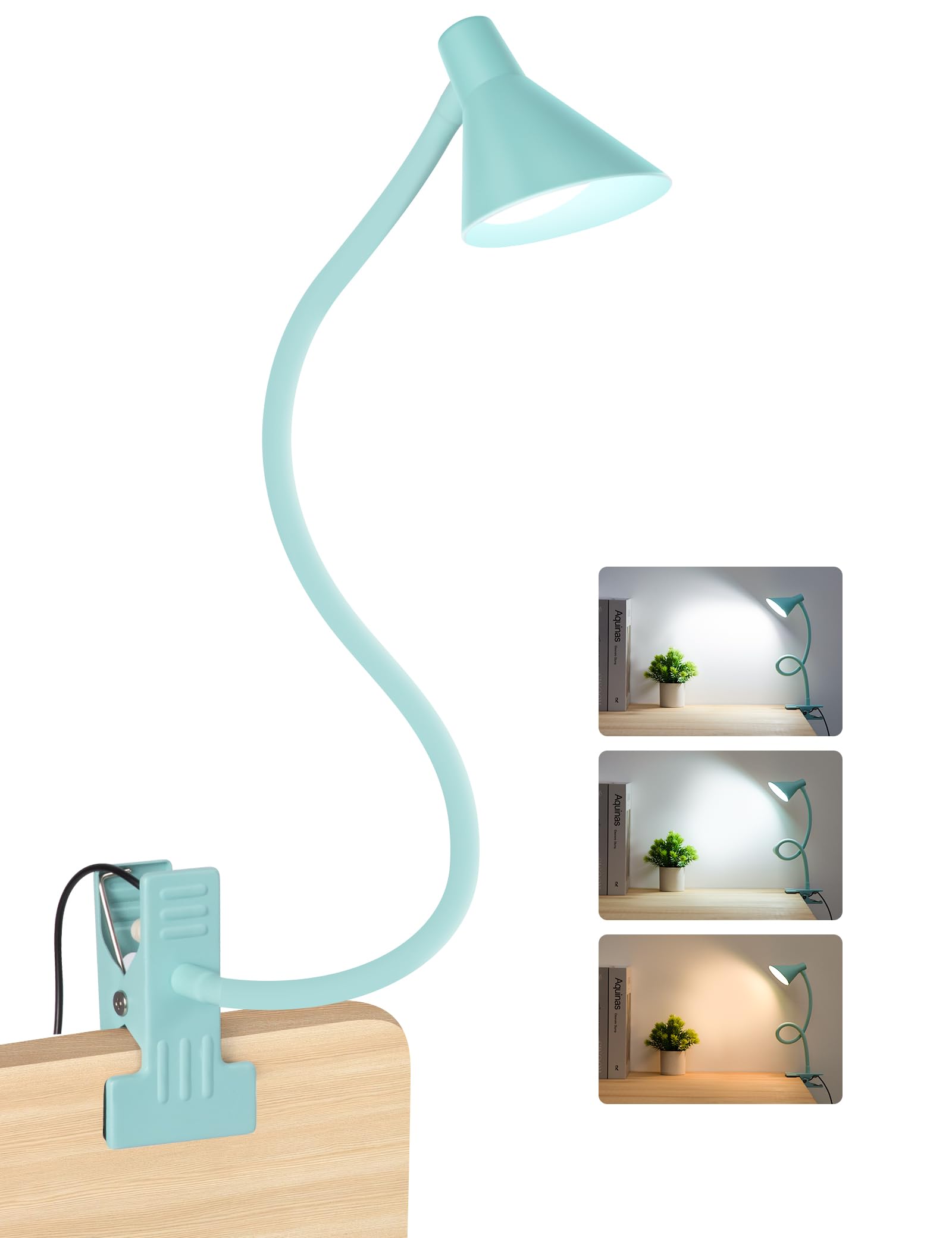 LiFMIRA Reading Light for Bed, Clip-on Desk Lamp with Flexible Neck, 3 Color Modes & 10 Dimmable Brightness, Teal