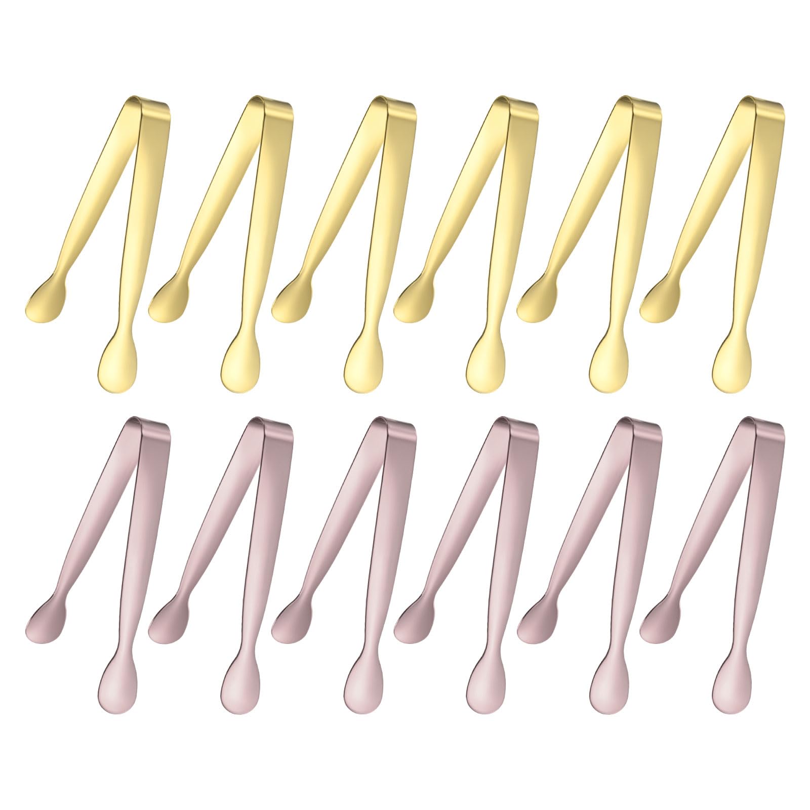 M METERXITY 12-Pack Mini Serving Tongs, 4.3 Inch 304 Stainless Steel Mini Sugar Cube Ice Tongs for Tea and Coffee Party, Small U-Shaped Metal Accessories [Gold Tone, Rose Gold]