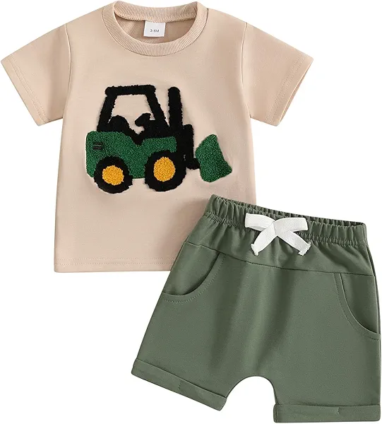 fhutpw Toddler Baby Boy Summer Clothes Embroidery T-Shirt Casual Shorts Sets Infant Truck Excavator Dinosaur Pattern Outfits