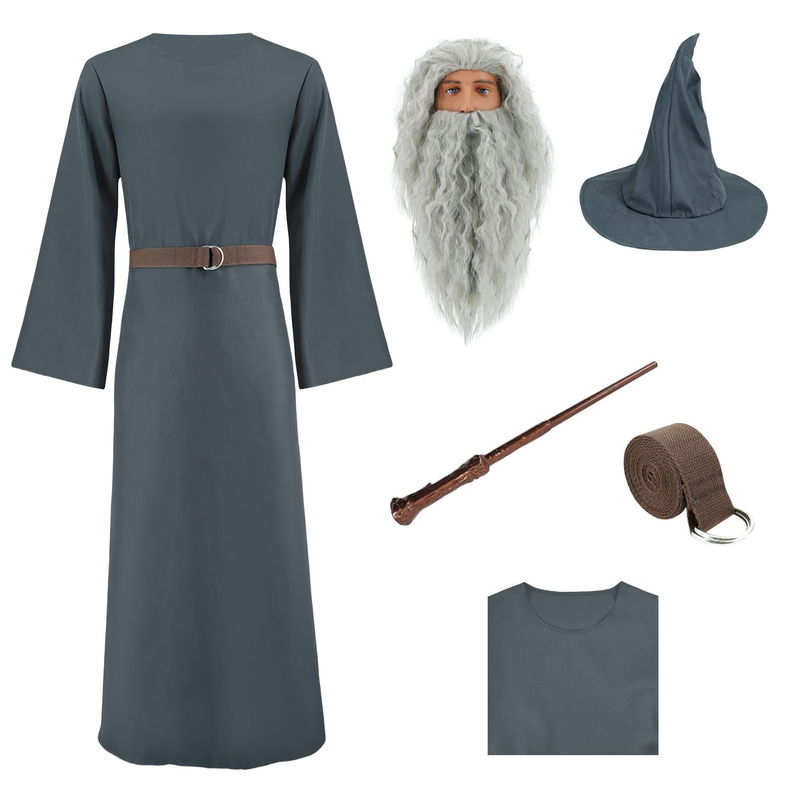 AYYOHON Adult Gandalf Robe with Wig Mithrandir Lord Rings Costume Grey Cloak Wizard Hat Cape Set Halloween Cosplay Suit 2XL