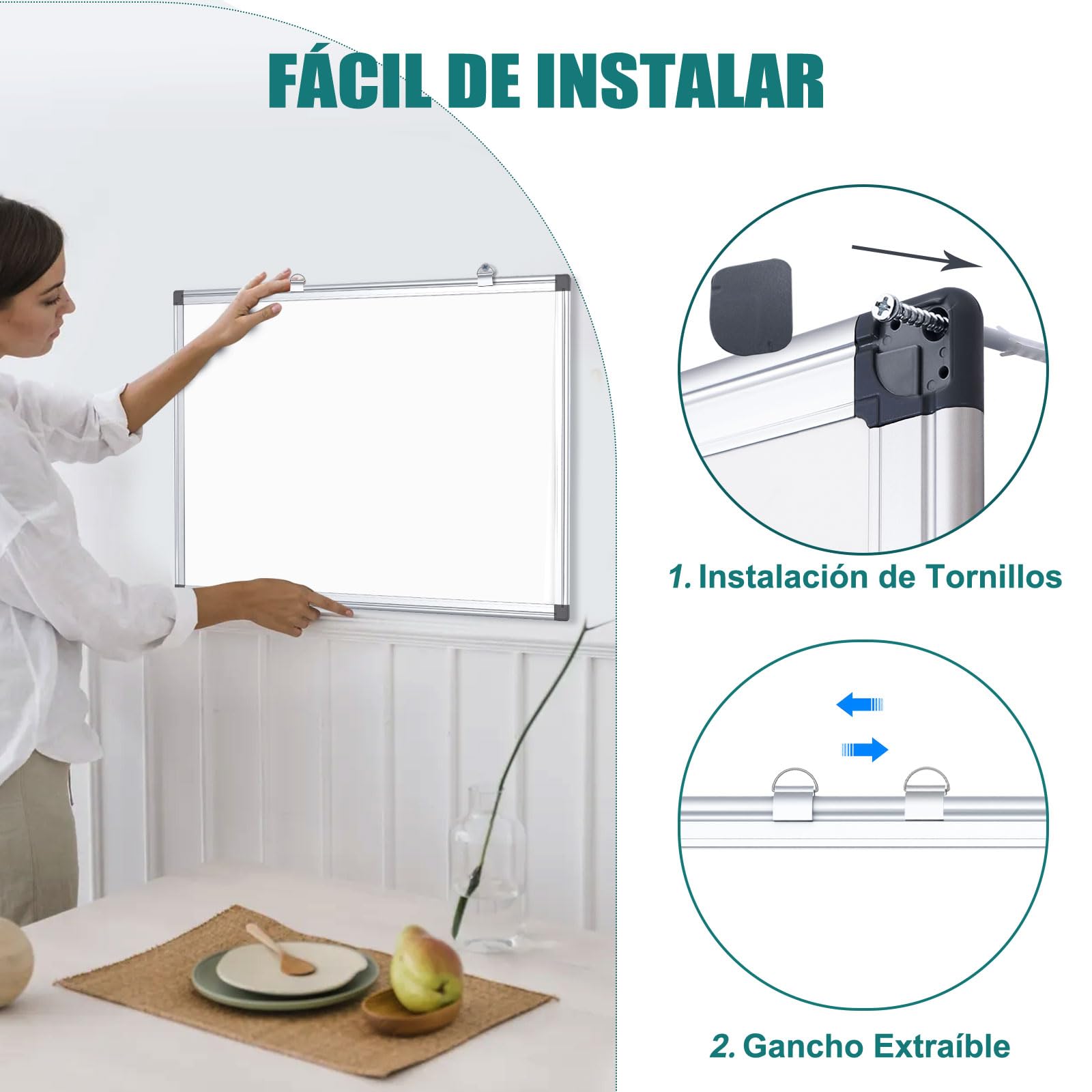 Pizarra Blanca Magnética, Pizarra Magnetica, 40x60cm Pizarra Blanca con Marco de Aluminio, Bandeja para Rotuladores