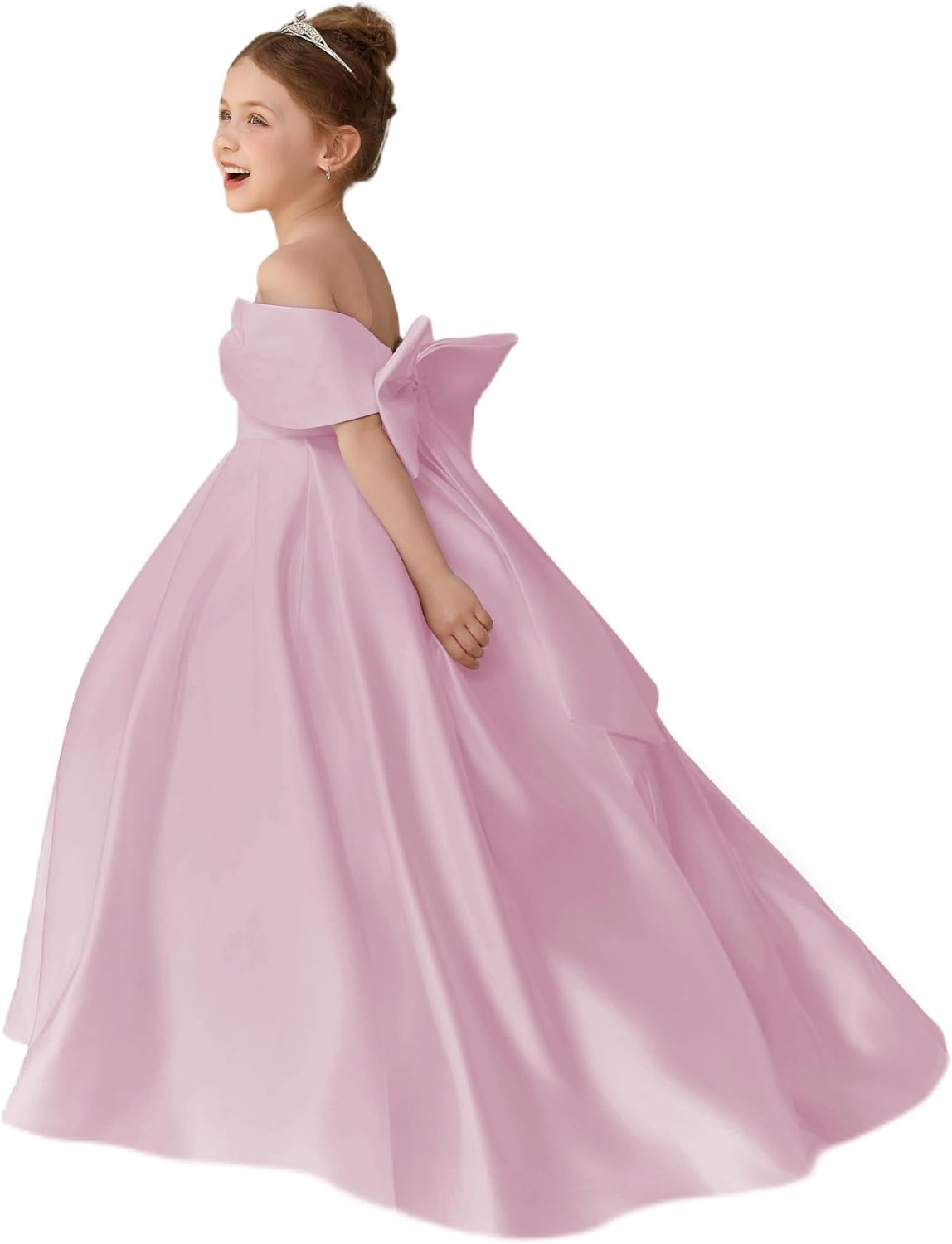 Girls Satin Flower Girl Dress Off the Shoulder Bow Ball Gown with Train for Wedding Pageant 2-14