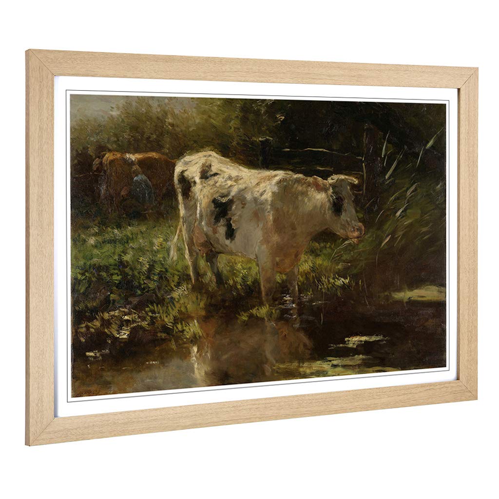 Big Box Art Framed Print of Willem Maris Cow by Water Design | Wall Art Picture | Home Decor for Kitchen, Living, Dining Room, Bedroom, Hallway, Office, Oak, A2 / 24.5x18 Inch / 62x45cm