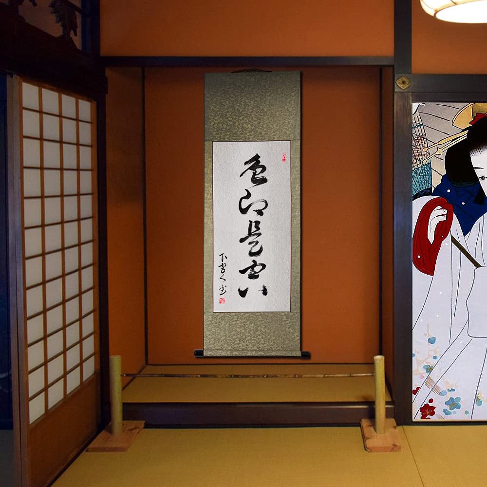 Amazon.co.jp: 掛け軸 おしゃれ 色即是空 茶掛け 肉筆 手書き 四尺四