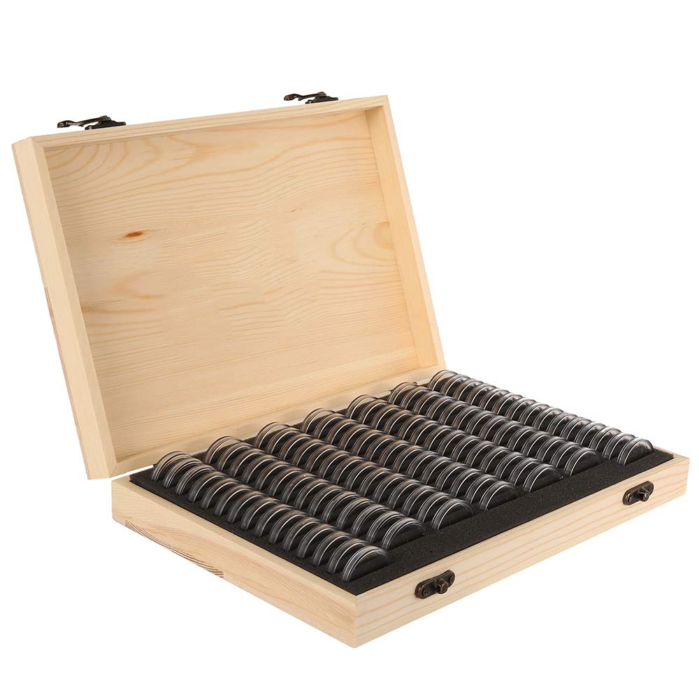 Hzuizxyo Light Brown 100Pcs Commemorative Coin Display,Wooden Coin Holder With Lock And Plastic Storage Holder & Round Capsules Plastic Case For Collectors